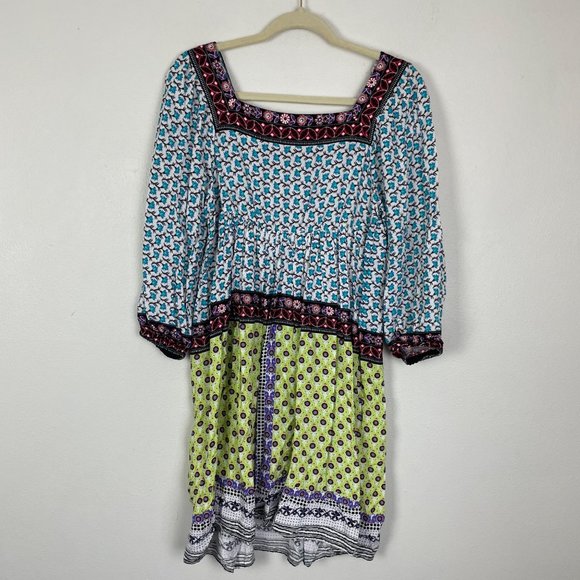 Eci S Blue Green Square Neck Balloon Sleeve Mixed Pattern Bohemian Boho Twee - Picture 8 of 10